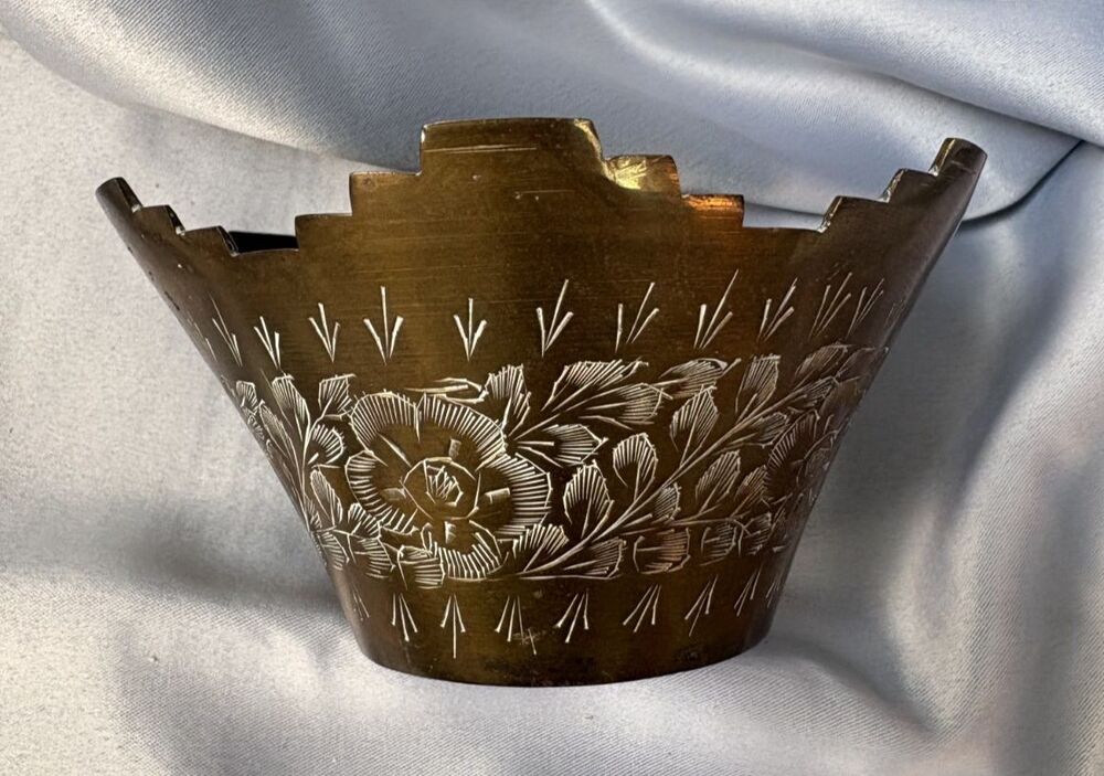 Vintage Hand Engraved Brass Decorative Bowl – castle rim Made in India, 5” Wide